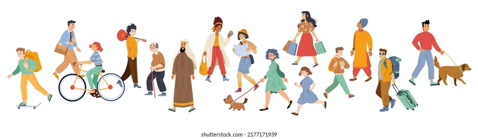 Diverse pedestrian walk, passerby people tourist with bag, businessman, teenager, student or schoolgirl, senior and young characters, arab, men and women dwellers Line art flat vector illustration
