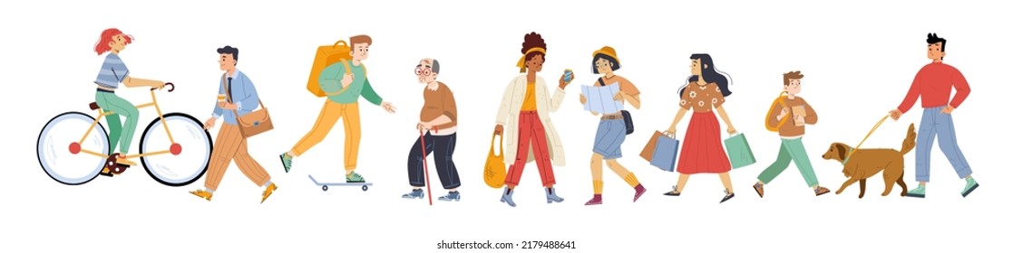 Diverse pedestrian walk, passerby people tourist with bag, businessman, teenager, student or schoolgirl, senior and young characters, men and women dwellers Line art flat vector illustration