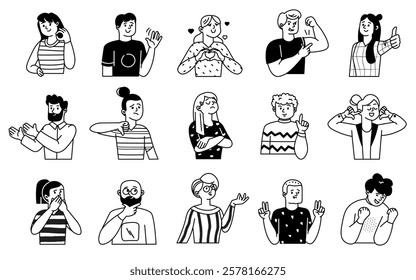 Diverse people adult doodle characters showcasing different emotion gesture and facial expression black-and-white isolated set. Man and woman communicating using body language vector illustration