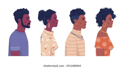 Diverse People, Afro American Men And Women Side View Portraits, Flat Cartoon. Vector Ebony, Black African And Creoles. Multiracial Group With Curly Hair, Africa Ethnicity Population