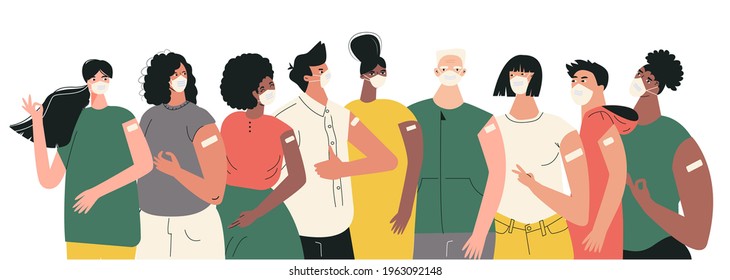 Diverse people after vaccination concept Vaccine injection in arm, shoulder. Set of multiracial character after getting vaccine. Group of humans in face mask. Multicultural team, unity in diversity