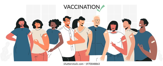 Diverse people after vaccination concept Vaccine injection in arm, shoulder. Set of multiracial character after getting vaccine. Group of humans in face mask. Multicultural team, unity in diversity