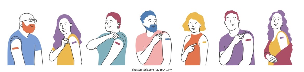 Diverse people after vaccination. Vaccine injection in arm, shoulder. Hand drawn vector illustration.