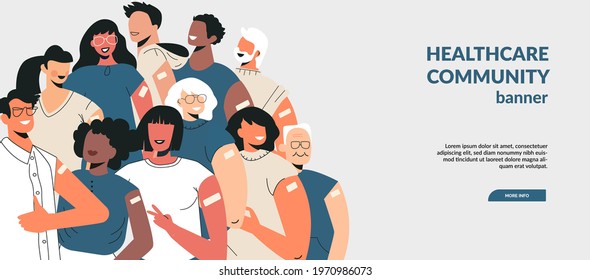 Diverse people after vaccine injection concept. Banner Let's Vaccinate, healthcare campaign. Vaccination landing page template. Multicultural team, unity in diversity. Flat vector cartoon illustration