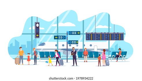 Diverse people at airport terminal during coronavirus pandemic. Man, woman and children with baggage waiting boarding, working, going to gates. Business travel and vacation cartoon vector