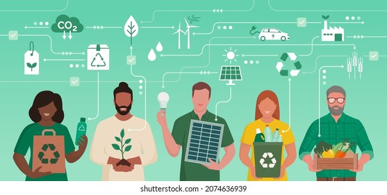 Verschiedene Menschen aus der ganzen Welt stehen zusammen und unterstützen einen nachhaltigen Lebensstil: Konzept der Umweltpflege und umweltfreundlicher Lösungen
