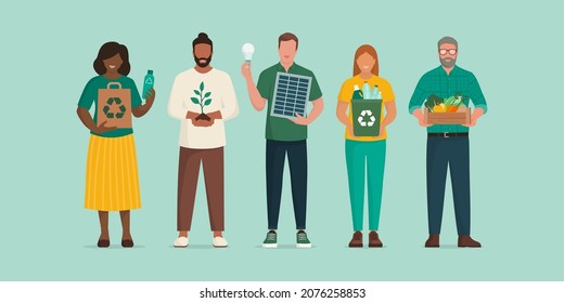 Diverse People From All Over The World Standing Together And Supporting A Sustainable Lifestyle: Environmental Care And Eco Friendly Solutions Concept