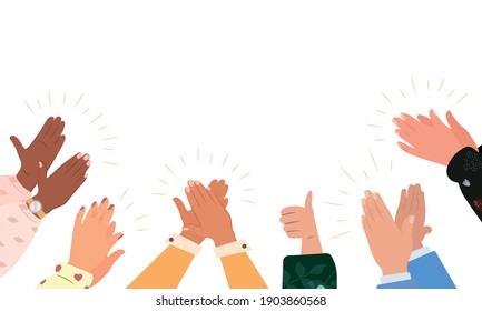 Diverse people applauding vector illustration. Colorful men and women clapping hands isolated on white background. Multinational audience demonstrate greeting, ovation or cheering gesture, support.