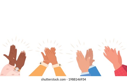 Diverse people applauding vector illustration. Colourful men and women clapping hands isolated on white background. Multinational audience demonstrate greeting, ovation or cheering gesture, support.