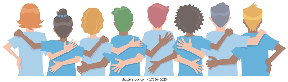 Diverse people arms around each other's shoulders from behind. Concept of teamwork or friendship. Vector illustration in flat cartoon style.