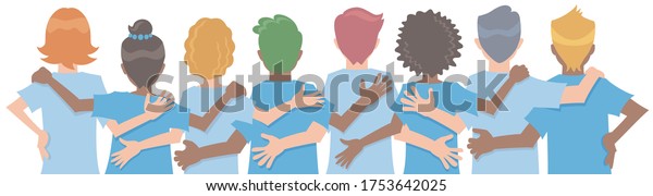 Diverse people arms around each other\'s shoulders\
from behind. Concept of teamwork or friendship. Vector illustration\
in flat cartoon style.