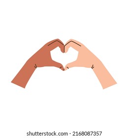 Diverse People Arms With Heart-shaped Hand Gesture. Solidarity, Support Concept. Expressing Love With Hands, Making Heart Shape Sign From Fingers. Vector Flat Style Illustration Isolated On White.