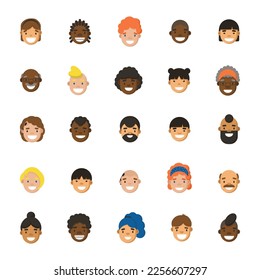 Diverse people avatar icon set. Human faces. Vector flat illustration.