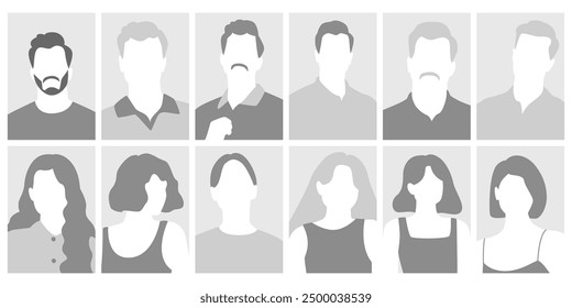 Diverse Menschen Avatar Profil Porträts mit unbekannten gesichtslosen Silhouetten von Mann und Frau Set. Männliche und weibliche Person Benutzer-Headshot-Sammlung mit grauen Farbe Vektorgrafik. Diversität der Gemeinschaft