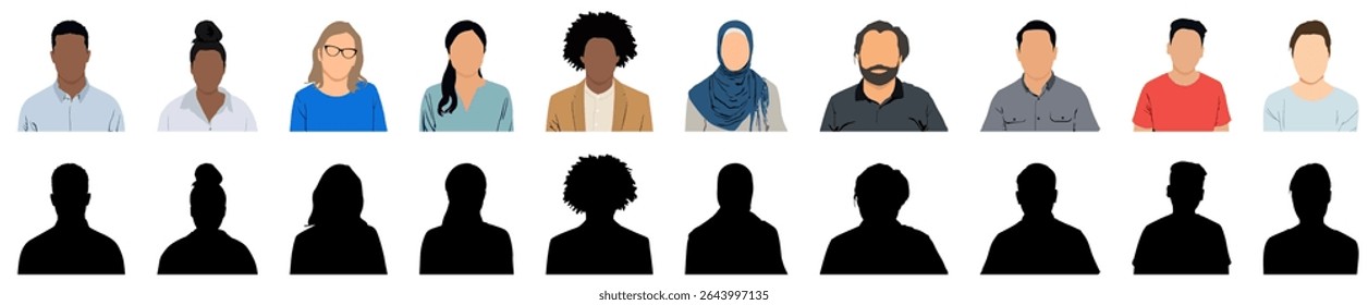 Diverse people avatar profile portraits with unknown faceless silhouettes of man and woman set