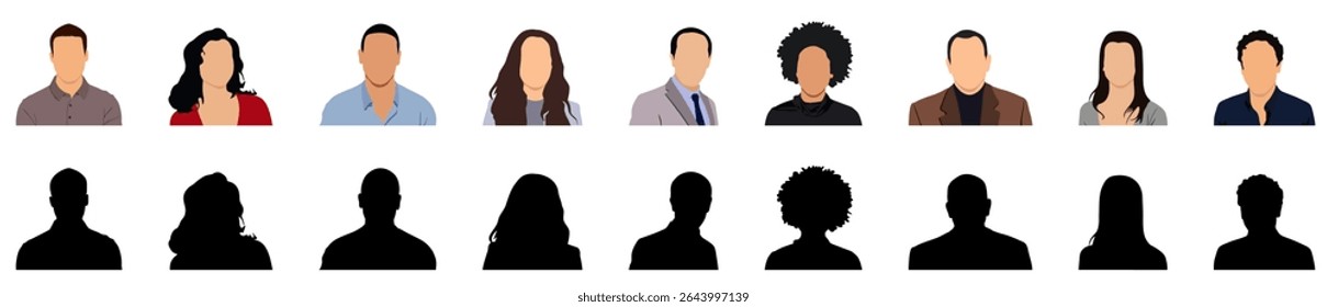 Diverse people avatar profile portraits with unknown faceless silhouettes of man and woman set