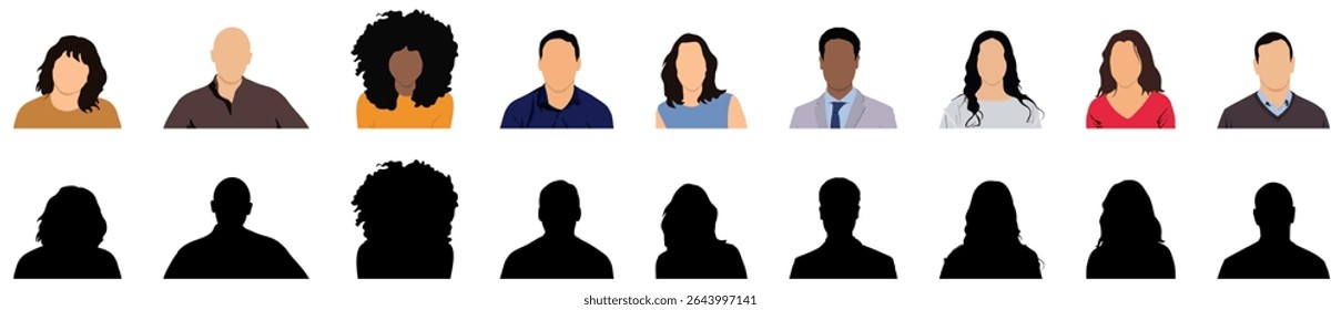 Diverse people avatar profile portraits with unknown faceless silhouettes of man and woman set