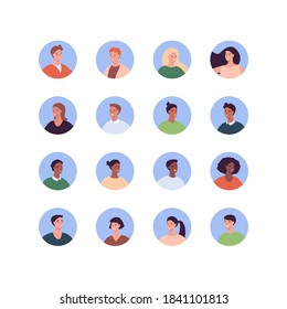 Diverse people avatar set. Vector flat people illustration. Pack of adult man and woman character of diversity ethnic in round frame isolated on white background. Design element for web profile icon.