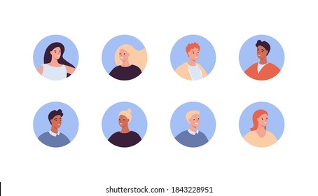 Diverse people avatar set. Vector flat people illustration. Collection of adult man and woman of various ethnic in circle frame isolated on white background. Design element for web profile icon.