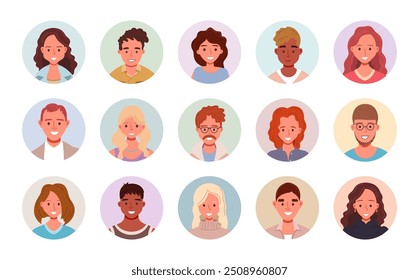 Diverse people avatars collection in circular icons. Multiethnic user portraits in vector illustration. Flat cartoon male and female faces.
