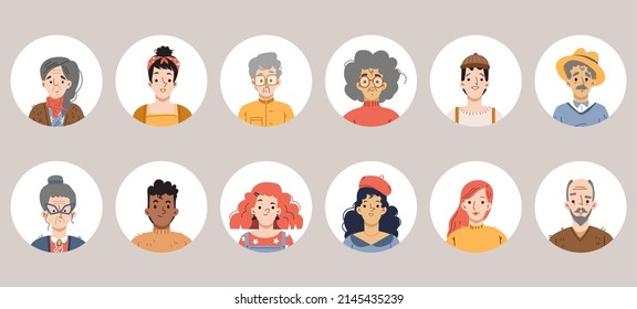 Diverse People Avatars, Person Faces For Social Media Profile. Vector Set Of Male And Female Portraits With Different Hairstyle. Flat Illustration Of Young And Senior Adult People Heads