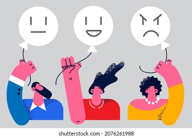 Diverse people with balloons with different emotions show various feelings. Customers leave feedback of good or bad quality service. Consumerism concept. Flat vector illustration, cartoon character. 