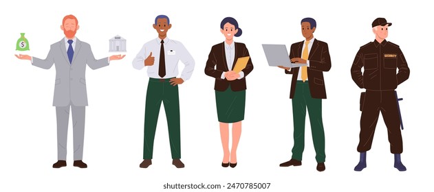 Diverse people bankers, bank workers and security guardian cartoon characters isolated set on white