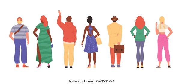 Diverse people from behind standing in row, flat vector illustration isolated on white background. Set of men and women turned back. Fashionable business people and students.