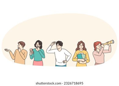 Diverse people with binoculars and spyglass feel confused looking for problem solution. Men and woman frustrated with dilemma, solving business trouble together. Vector illustration.