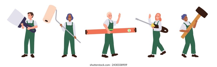 Diverse people builders and repairmen cartoon character holding working tools for home renovation