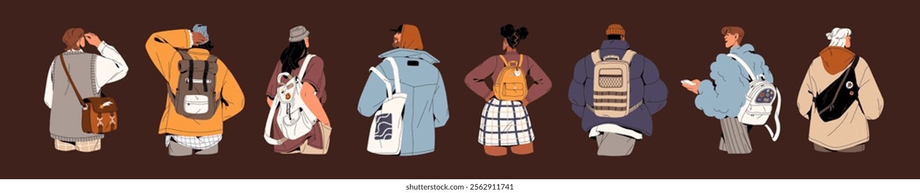 Diverse people carry backpack back view set. Tourists travel with hand luggage. Different men and women hold bags, baggage, knapsacks, rucksacks on shoulder. Flat isolated vector illustrations