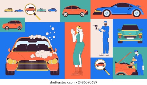 Diversas personas y coches bento cuadrícula conjunto de ilustración. Elegir la colección gráfica del diseño del collage de la Imagen de Vector 2D del automóvil. Mujer rubia impactada, mecánico de vehículos personajes planos diseño de moodboard