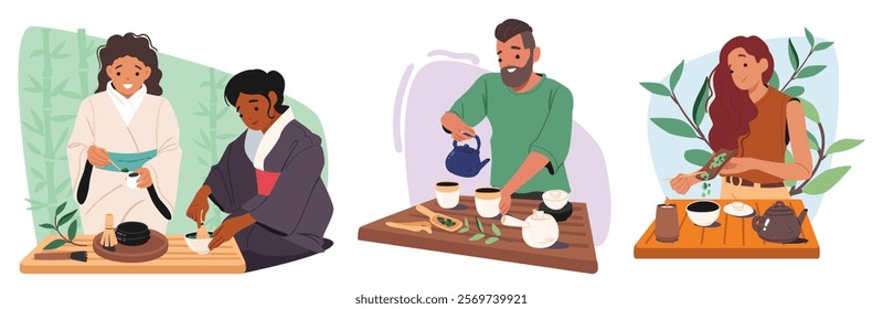 Diverse people cartoon character brewing herbal drink using authentic recipe and rules preparing traditional asian tea ceremony scene set. Eastern ceremonial tradition and service vector illustration