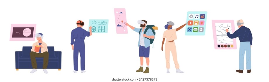 Diverse people cartoon character enjoying interaction with content in virtual reality isolated set