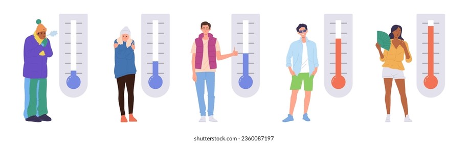 Diverse people cartoon character with meteorology thermometer showing normal, cold and hot weather