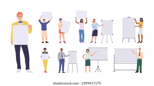 Diverse people cartoon character presenter set with man and woman standing at board, holding placard