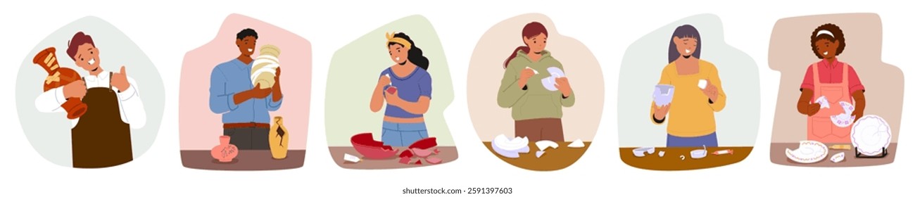 Diverse people cartoon character restoring fixing broken vase, plate, dish bowl ceramics isolated set. Young man woman professional pottery masters repairing fractured stoneware vector illustration