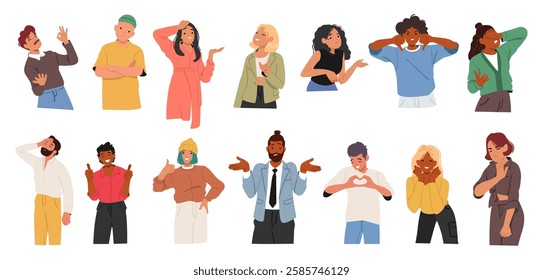 Diverse people cartoon character showcasing different reaction, giving various feedback in communication. Man and woman using body language non-verbal symbol to show emotions vector illustration