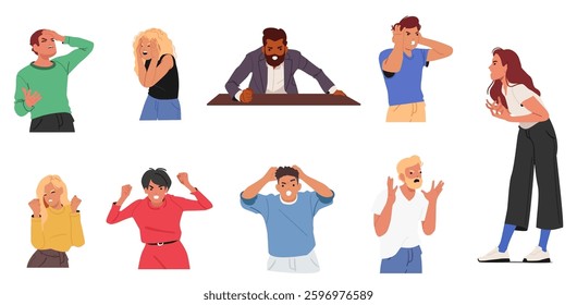 Diverse people cartoon character yelling, screaming feeling rage, anger showcasing disagreement negative reaction and aggressive behavior isolated set on white background. Conflict vector illustration