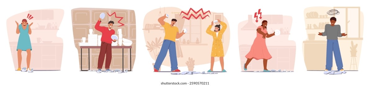 Diverse people cartoon characters breaking dishes accidentally or during quarreling isolated scene set. Inattentiveness, frustration, venting anger and rage, family crisis vector illustration