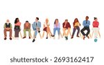 Diverse people cartoon characters of different ages and nationalities feeling nervous, bored and tired waiting in queue sitting on chairs in row vector illustration isolated on white background