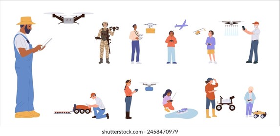 Diverse people cartoon characters of different job, hobby occupation using drone isolated big set