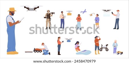 Diverse people cartoon characters of different job, hobby occupation using drone isolated big set