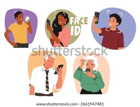 Diverse people cartoon characters of different age using face ID technology to unlock smartphone isolated set. Facial biometric scanner, verifying system of mobile phone promotion vector illustration