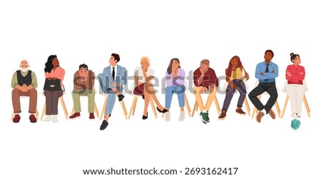 Diverse people cartoon characters of different ages and nationalities feeling nervous, bored and tired waiting in queue sitting on chairs in row vector illustration isolated on white background