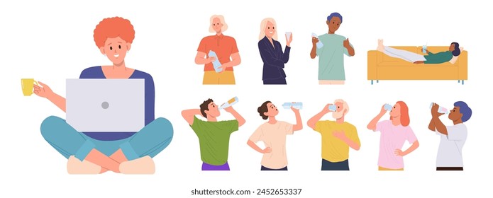 Diverse people cartoon characters drinking water at home, on walk, during sport workout big set