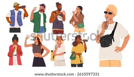 Diverse people cartoon characters drinking beverage from bottles, takeaway cups for refreshment isolated set on white background. Man and woman savoring juice, coffee, water, soda vector illustration
