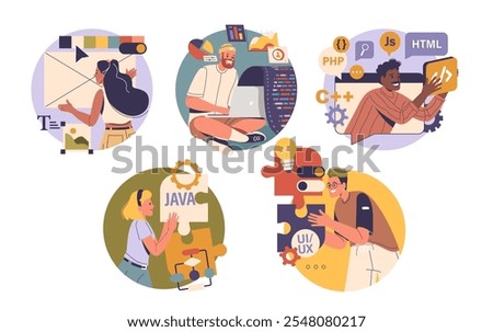 Diverse people cartoon characters engaged in software development, coding, programming languages