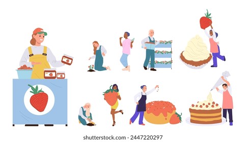 Diverse people cartoon characters with fresh strawberry and sweet pastry set isolated on white