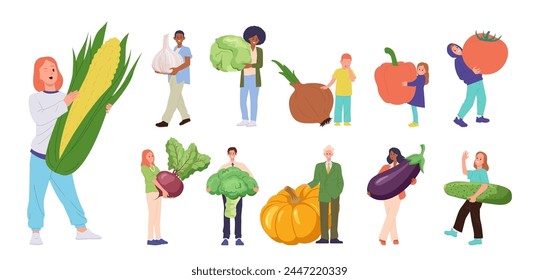 Diverse people cartoon characters with fresh ripe vegetables big set isolated on white background
